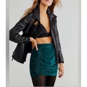 A25 FREE PEOPLE Vivienne Velvet Mini Skirt Gathered‎ Teal Blue AdjustablE Sz 0
